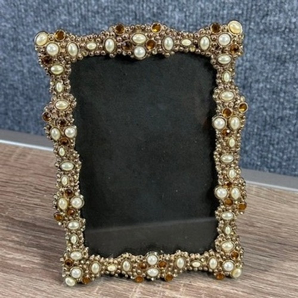 Picture Frame Gold Tone Faux Pearl Amber Rhinestone Ornate Jeweled 4x6 Vintage